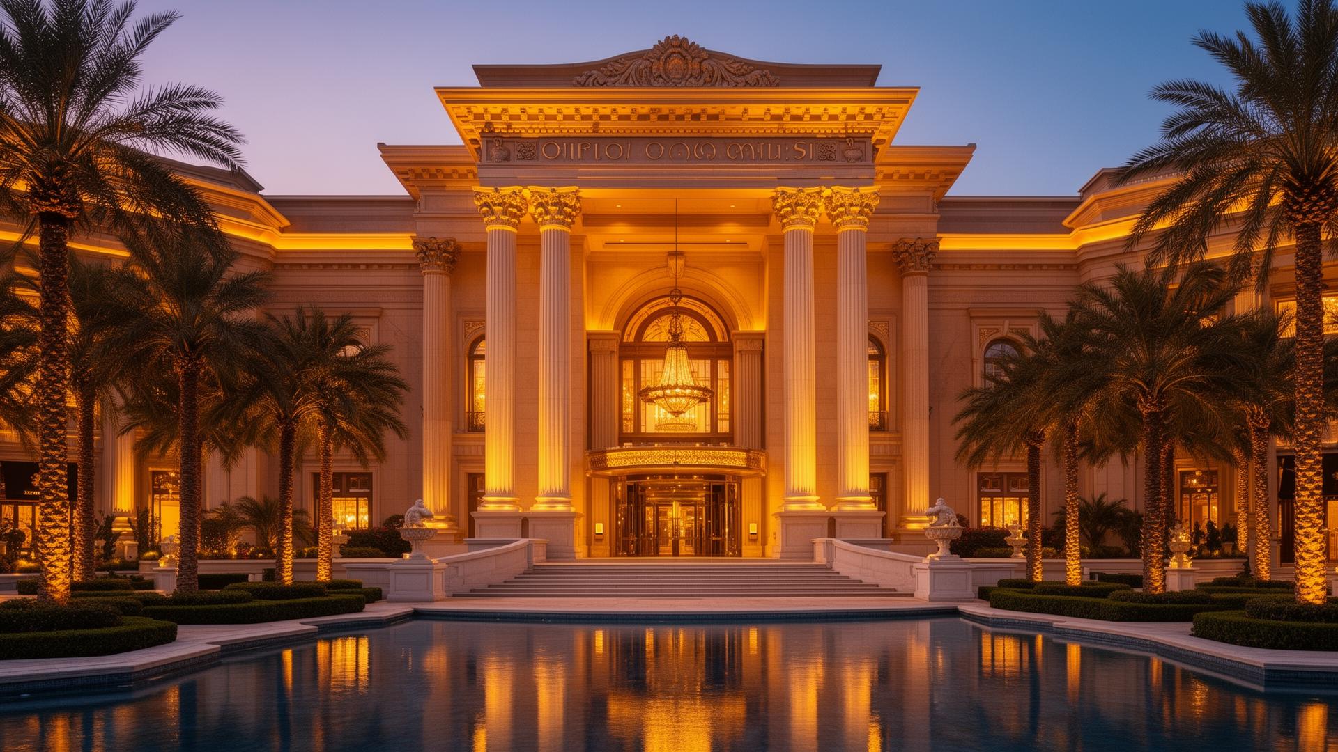 Luxury casino resort with grand architecture and reflecting pool